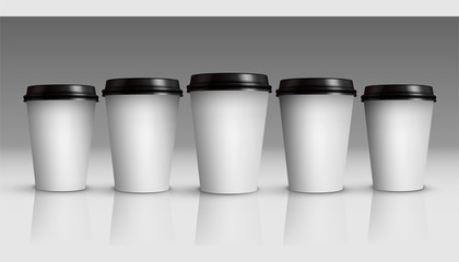 Coffee or tea cups mock up. Set of vector white coffee cups isolated on gray background.
