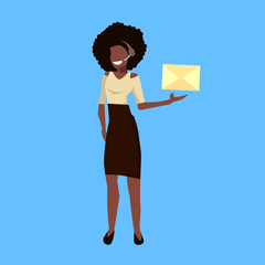 african american headset woman holding paper envelope chat message online support service concept female cartoon character full length blue background flat vector illustration