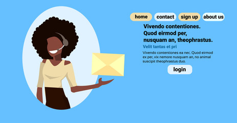 african american headset woman holding paper envelope chat online support service concept call center operator female cartoon character portrait horizontal blue background flat vector illustration
