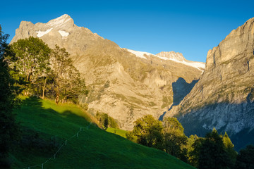 Sun is setting during the famous hiking trail from First to Grindelwald (Bernese Alps, Switzerland). You can have great views on Eiger, Monch and Jungfrau and the Bachalpsee along the way.