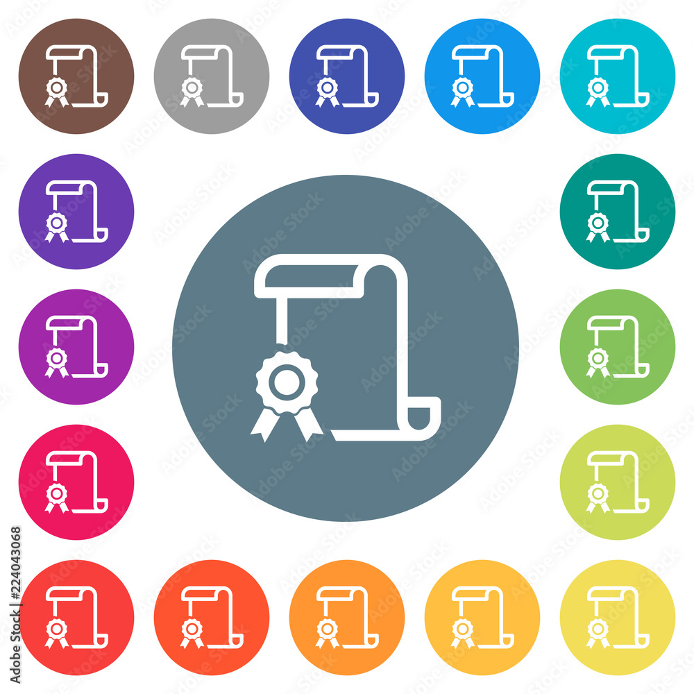 Poster scroll with certificate on left flat white icons on round color backgrounds