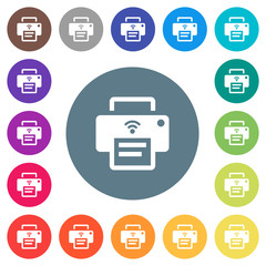 Wireless printer flat white icons on round color backgrounds