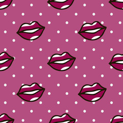 red lips pattern in cartoon style on dots background