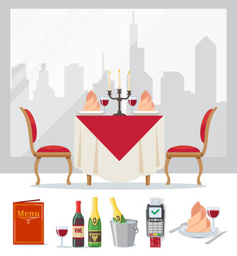 Set of restaurant colorful icon in flat style, cafe. Served table, wine, champagne in bucket of ice, menu, payment terminal. Vector illustration.