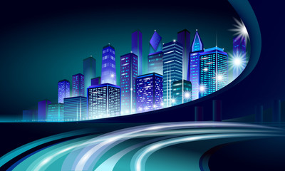 Fototapeta na wymiar Smart city 3D neon glowing cityscape. Intelligent building automation night futuristic business concept. Web online vivid color cyberpunk retrowave. Urban technology banner vector illustration