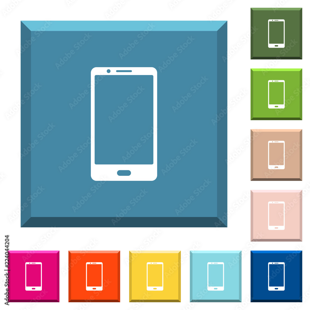 Poster modern mobile phone with one button white icons on edged square buttons