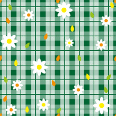 Floral seamless pattern with plaid background. Vector template.