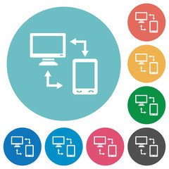 Syncronize mobile with computer flat round icons