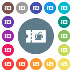 Coffee house discount coupon flat white icons on round color backgrounds