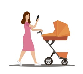 a young mother walks with a stroller with a phone in her hand