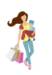 a young mother comes out of the store with a baby in her arms