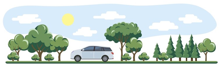 gray car rides past trees and shrubs