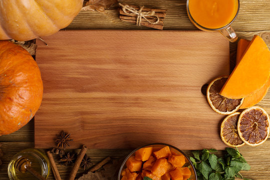 Baked pumpkin with honey, a dish for Thanksgiving. Top view, copy space.