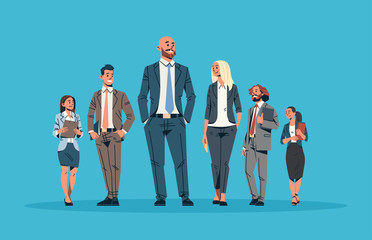 business people team leader leadership concept businessmen women blue background male female cartoon character full length horizontal flat vector illustration