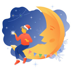 Man Sitting on Crescent Moon