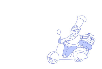 chef cook riding electric scooter pizza fast food delivery concept vintage motorcycle sketch doodle horizontal vector illustration