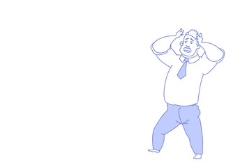 businessman hold hands head business man stressed headache depressed concept problem hardworking process horizontal sketch doodle vector illustration