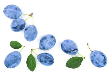 plums with leaf isolated on a white background with copy space for your text. Top view. Flat lay pattern