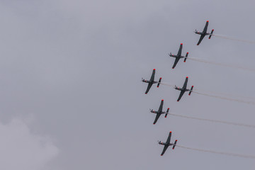 Aerobatic team performs flight, Planes flying in formation, Air show