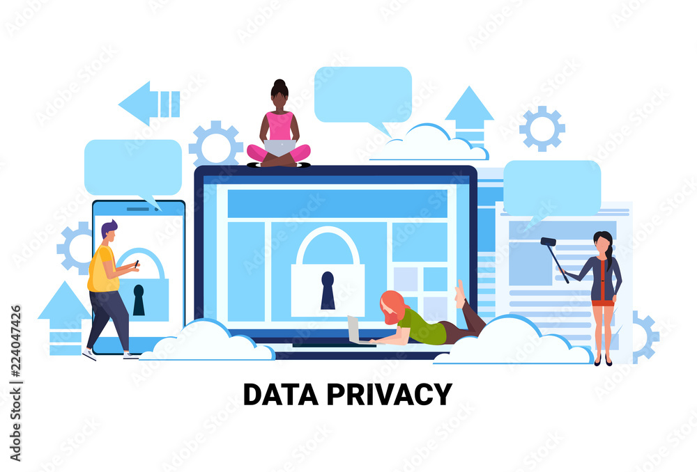 Poster people group padlock computer screen data protection privacy concept team working process cyber secu
