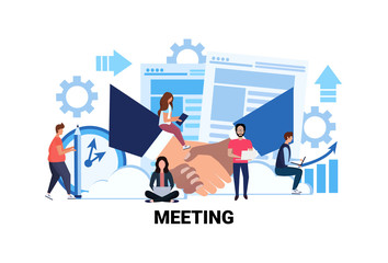 team brainstorming business meeting concept business people hand shake partnership successful agreement office teamwork process flat horizontal vector illustration