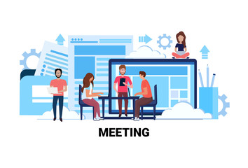 team brainstorming business meeting concept business people sitting workplace office discussing interview teamwork process flat horizontal vector illustration