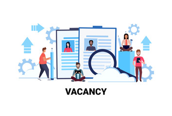 business people hr searching resume specialist candidate vacancy job business concept flat horizontal teamwork process female male cartoon character vector Illustration