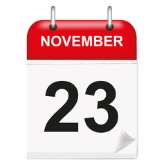 Daily single-leaf calendar, red spine, 3d, month of November,twenty-third,23rd