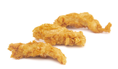 Golden Fried Chicken Fingers on a White Background