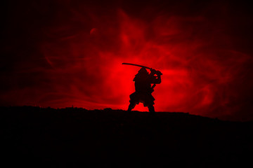 Fototapeta na wymiar Fighter with a sword silhouette a sky ninja. Samurai on top of mountain with dark toned foggy background.