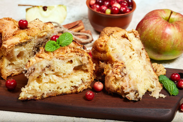 Delicious biscuit pie with apples, walnuts and cranberry. Sweet autumn dessert