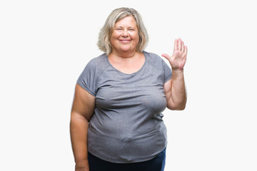 Senior plus size caucasian woman over isolated background showing and pointing up with fingers number five while smiling confident and happy.