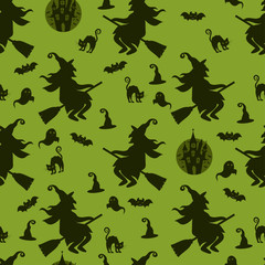 Fototapeta premium Abstract seamless halloween pattern for girls or boys. Creative vector background with cat, whitch, halloween. Funny pattern for textile and fabric. Fashion halloween style. Colorful bright picture