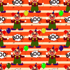 Abstract seamless pattern for girls or boys. Creative vector background with a clown, scary face, halloween. Funny wallpaper for textile and fabric. Fashion style. Colorful bright picture for children
