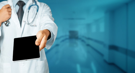 Healthcare And Medicine Concept. Doctor Using Tablet, Results Of Testing And Data Registration, Patient Consent In Clinic