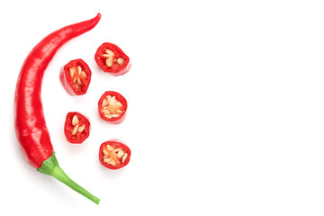 red hot chili peppers isolated on white background. Top view. Flat lay pattern