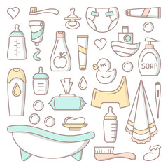 Baby care icons collection. Linear style vector illustration. Baby hygiene accessories.