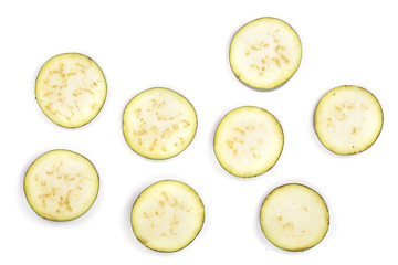 sliced eggplant circles isolated on white background. Top view. Flat lay pattern