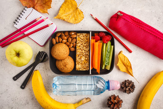 School Flat Lay. Healthy Meal Prep Containers With Fruits, Berries, Snacks And Vegetables. Takeaway Food On White Background, Top View.