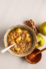 Apple oatmeal with cinnamon and honey. White background, top view.
