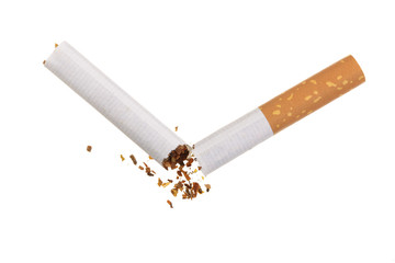 Broken cigarette isolated on white background. Top view