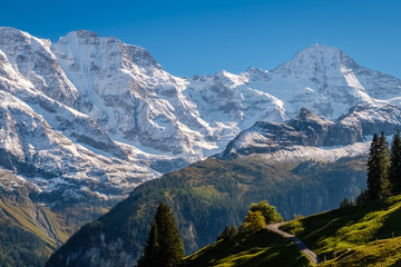 Spectacular mountain views near the town of Murren (Berner Oberland, Switzerland). Murren is a traditional mountain village on 1,650 m and is unreachable by public road.