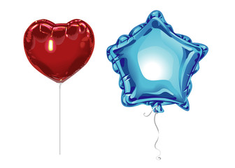 Two realistic 3D foil balloons with reflects isolated on white background. Festive decor element for any holiday. Vector illustration.