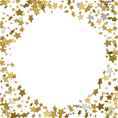 3d gold frame or border of random scatter golden stars on white background. Design element for festive banner, birthday and greeting card, postcard, wedding invitation. Vector illustration