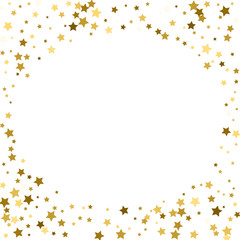 Round gold frame or border of random scatter golden stars on white background. Design element for festive banner, birthday and greeting card, postcard, wedding invitation. Vector illustration