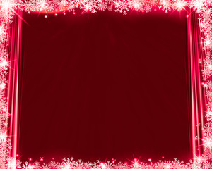 Abstract red winter background silk curtains, snowflakes and glittering. Backdrop for poster, web design, print.