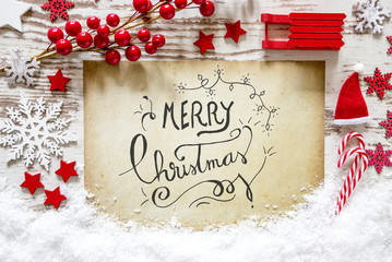 Red Decoration, Snow, Calligraphy Text Merry Christmas