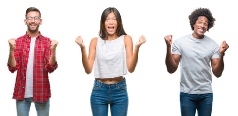 Collage of group of Chinese, african american, hispanic people over isolated background celebrating surprised and amazed for success with arms raised and open eyes. Winner concept.