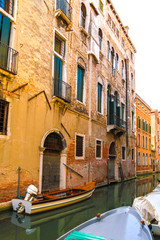 Closeup view of a boat in Venice, Italy on a sunny day.