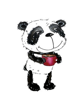 
Watercolor with a funny cartoon panda. She holds a red cup with a drink in her paws. Illustration executed in traditional chinese style, isolated on white background.